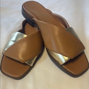 Vionic Tan and Gold  Mules with Modern Square-Toe Design